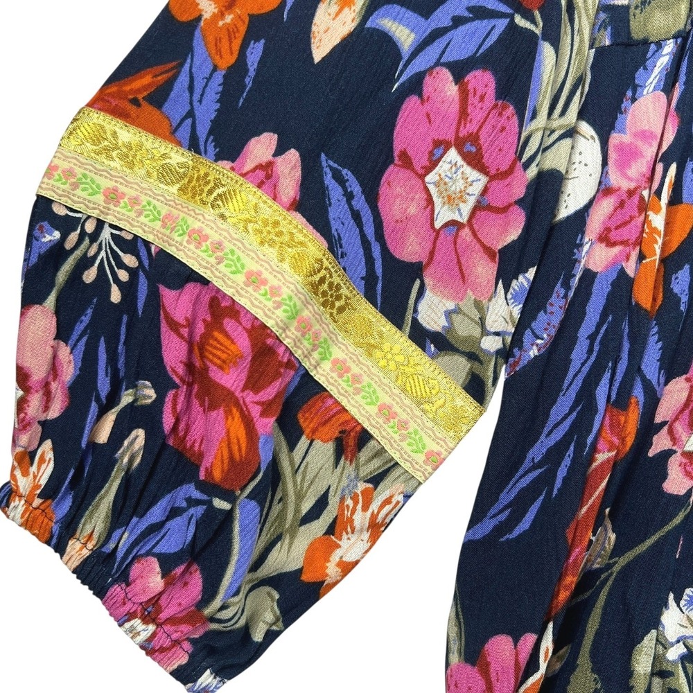 Cynthia Rowley Floral Tunic Women 1X Navy Blue Boho Embroidered V-Neck Top - Picture 7 of 9